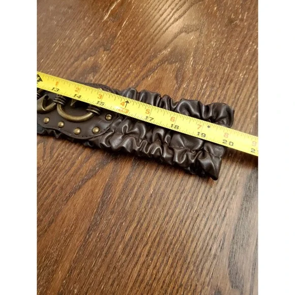 Womens L/XL Chocolate Ruched Elastic Cinch Wide Belt Brass Hook Art Deco Studded - Picture 8 of 14